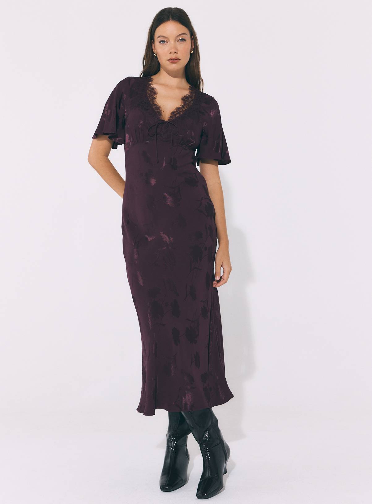 Burgundy Fluted Sleeve Jacquard Tea Dress 14 - Image 1